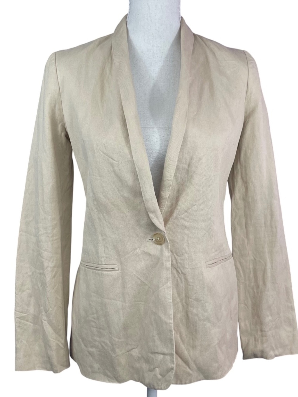 VINCE Linen Blend Blazer 4 Khaki Beige Slim Lapel Long Sleeve 1-Button Plunging